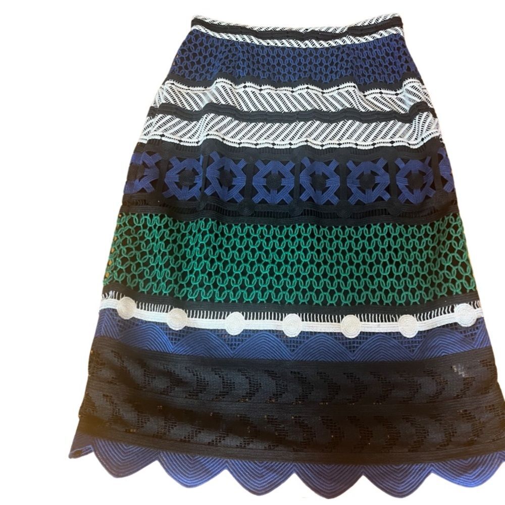 Sea NY Used Crochet Stripe Pencil Skirt Black White Blue Green Scalloped Sz 6 - Picture 3 of 8